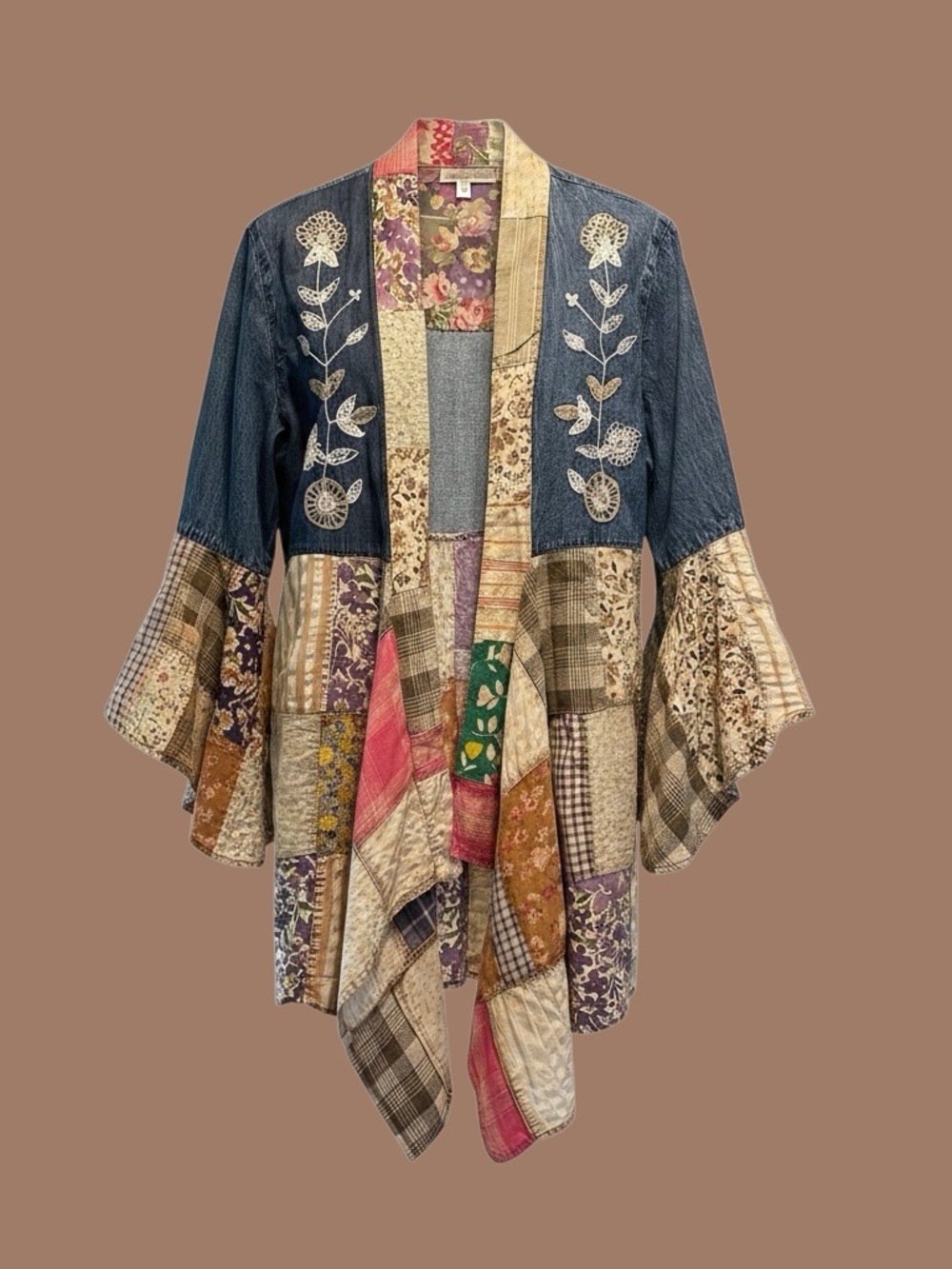 Young Threads Size M Patchwork Denim & Quilt Kimono Cardigan NWT. PTP 22 inches